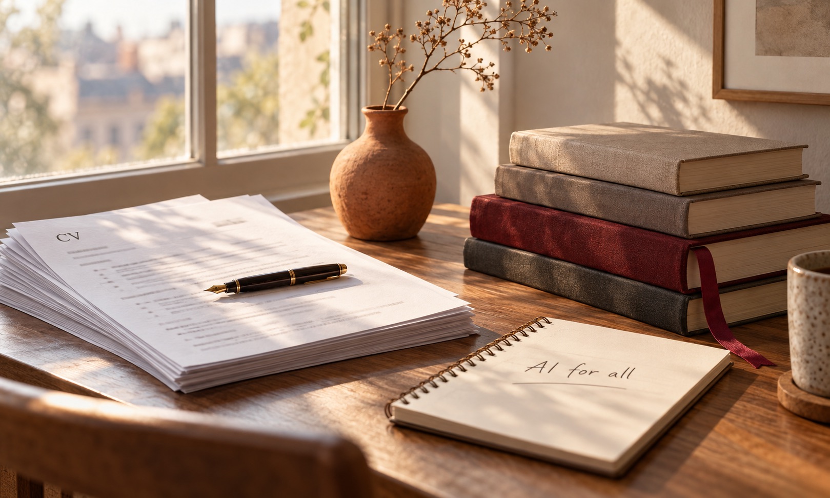 A stack of CVs with a fountain pen, books and a notebook labelled AI for all on a sunlit desk