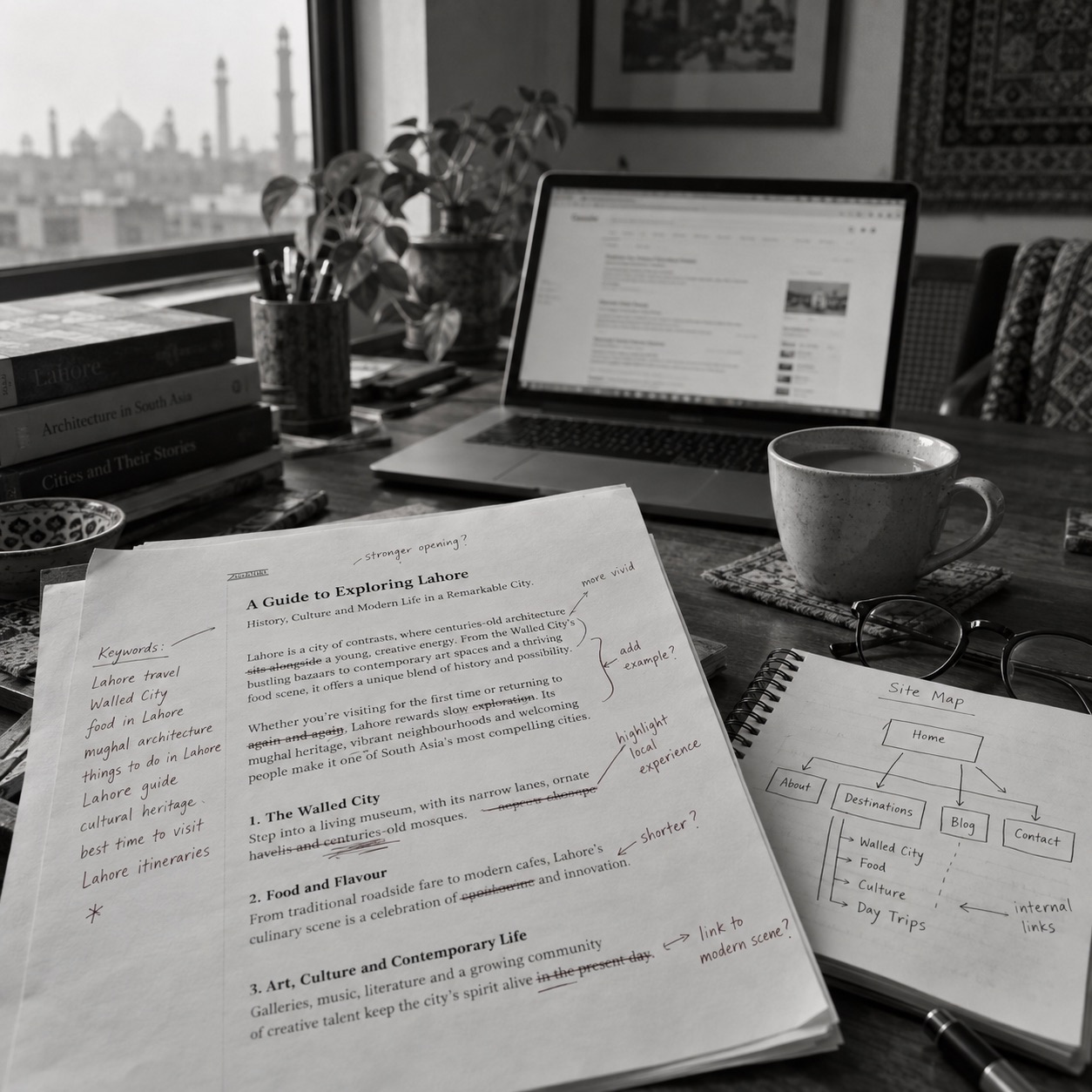 A writer's desk in Lahore: an edited article draft with keyword notes, a hand-drawn site map, a laptop and a cup of chai